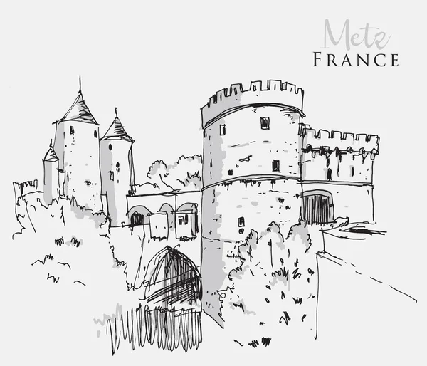 フランス北東部の都市メスのドイツ門のベクトル手描きスケッチイラスト — ストックベクタ