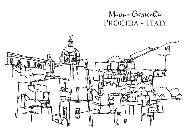 Illustrazione Schizzo Vettoriale Disegnato Mano Marina Corricella Italia — Vettoriale Stock