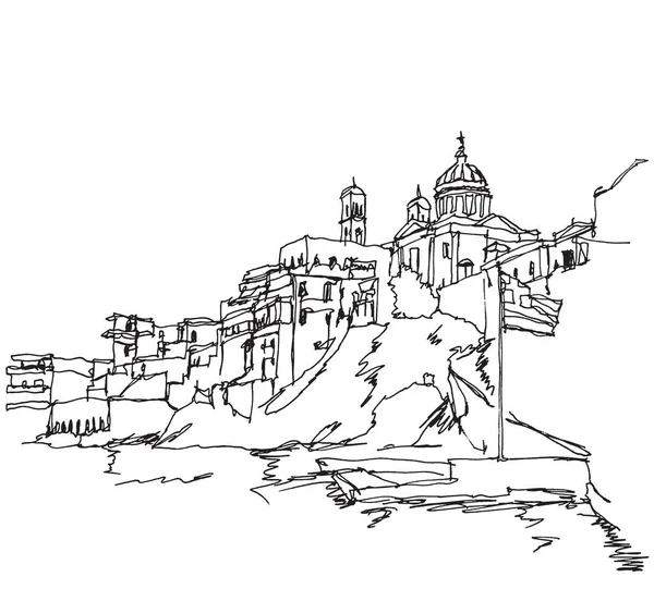 Dibujo Dibujado Mano Vectorial Ilustración Costa Ciudad Ermoupoli Isla Siros — Archivo Imágenes Vectoriales