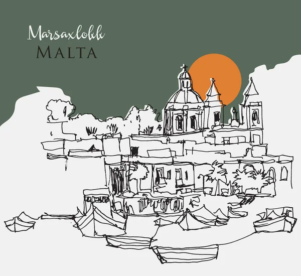 Vector Met Hand Getekend Schets Illustratie Van Marsaxlokk Kustlijn Malta — Stockvector