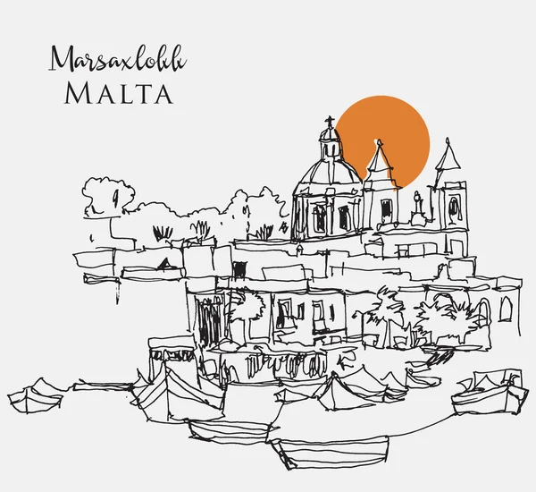Illustrazione Schizzo Disegnato Mano Vettoriale Della Costa Marsaxlokk Malta — Vettoriale Stock