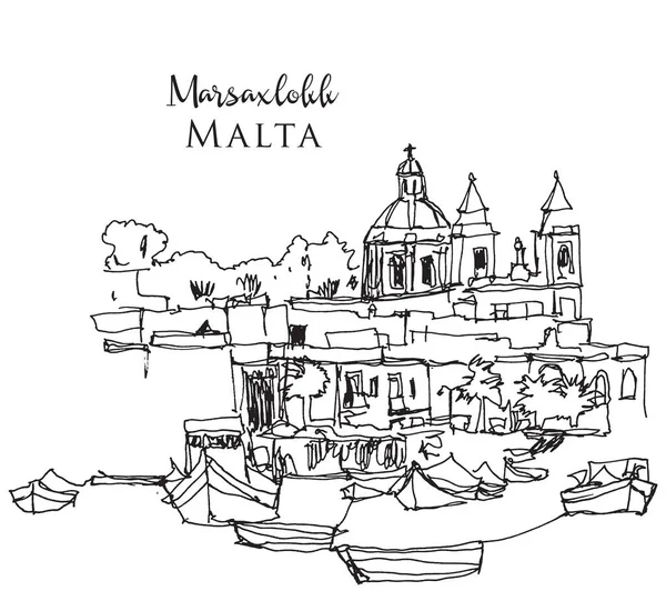 Vector Dibujado Mano Ilustración Costa Marsaxlokk Malta — Vector de stock