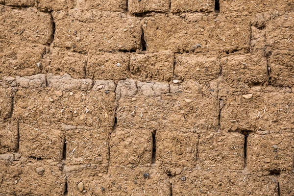 Mud Baksteen Muur Close Textuur Achtergrond Mengsel Met Klei Bodem — Stockfoto