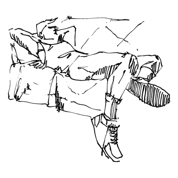 Illustrazione Abbozzata Disegnata Mano Giovane Bell Uomo Sdraiato Divano — Vettoriale Stock