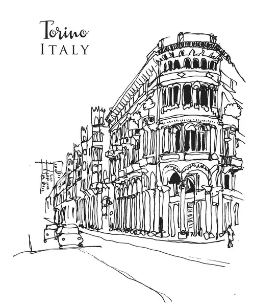 Vector Dibujado Mano Ilustración Una Esquina Calle Turín Torino Italia — Vector de stock