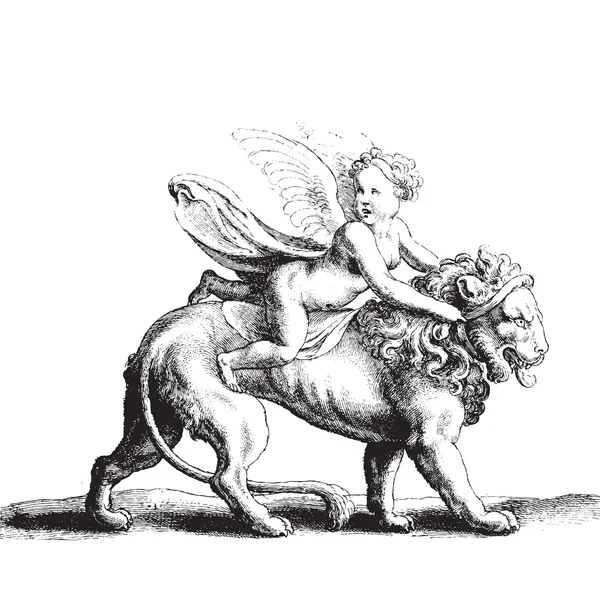 Cupido su un leone — Vettoriale Stock