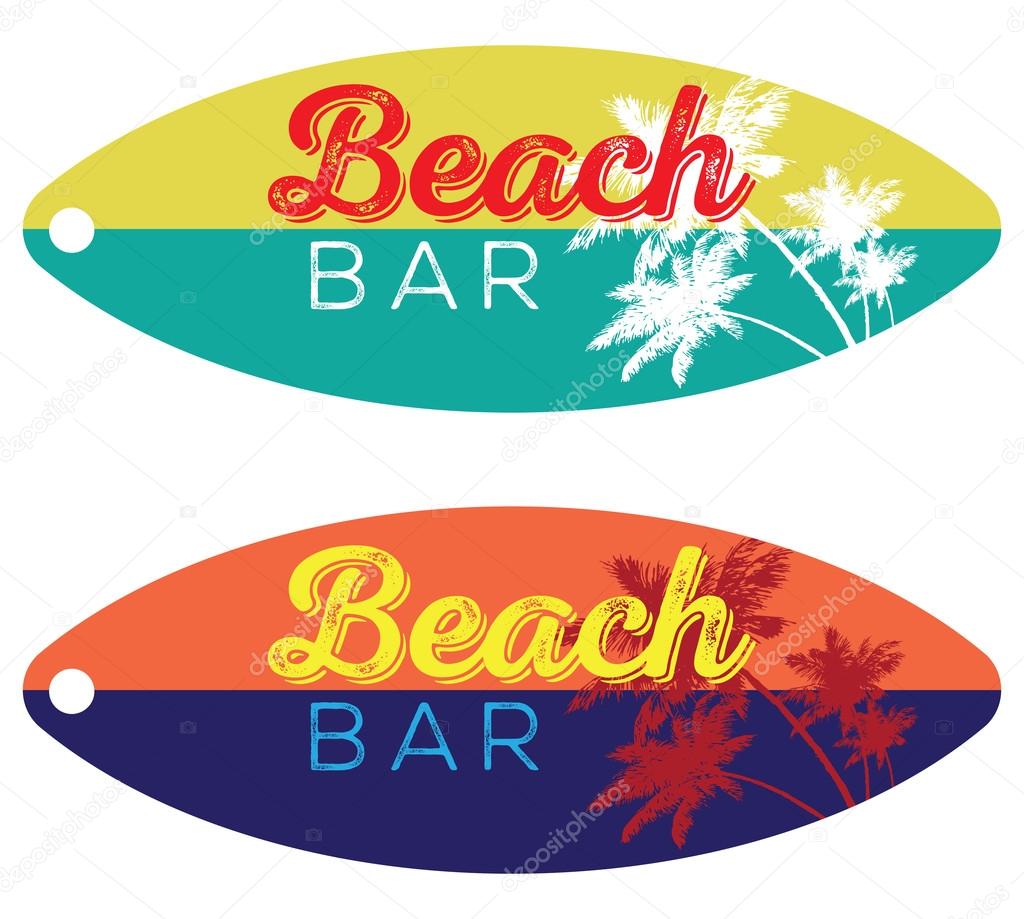 Beach bar vector emblem design on a surfboard with palm tree silhouette