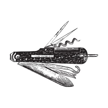 Old versatile pocketknife, multipurpose knife, Swiss knife or army knife vector illustration clipart