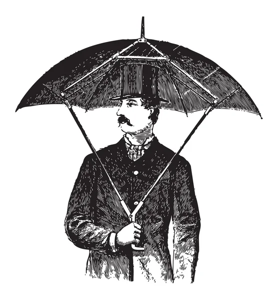 Ilustrație gravată a unui domn care deține un model ciudat de invenție umbrelă — Vector de stoc