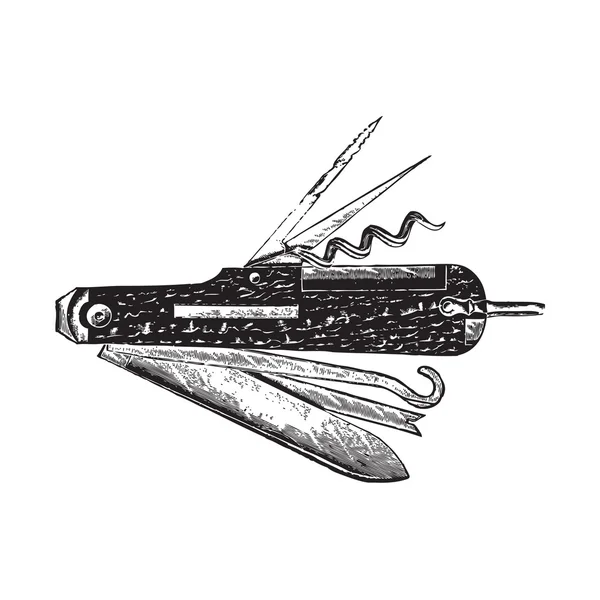 Altes vielseitiges Taschenmesser, Mehrzweckmesser, Schweizer Messer oder Taschenmesser Vektor Illustration — Stockvektor