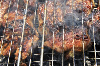 şenlik ateşi ve kömürlerin üzerinde kızarmış Barbekü