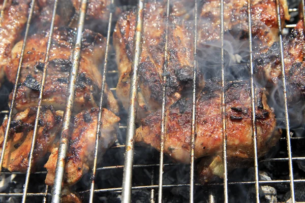 Churrasco frito na fogueira e carvão — Fotografia de Stock