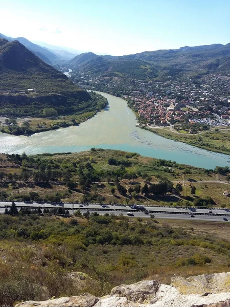 Rios Aragvi Kura Confluência Perto Cidade Mtskheta Geórgia República — Fotografia de Stock