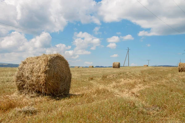 Sláma Balíky Sklizeném Poli Dne Proti Modré Obloze Konci Léta — Stock fotografie