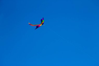 Açık mavi gökyüzüne uçan renkli bir uçurtma