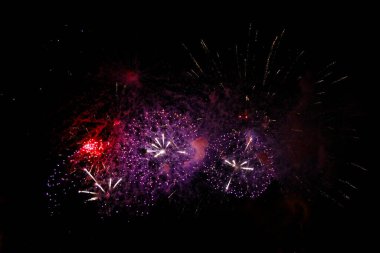 Kutlama çok renkli havai fişekler kara gece arkaplanında yanıp sönüyor