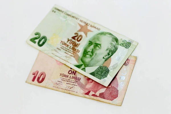 Zehn Türkische Lira Und Zwanzig Türkische Lira Papierwährung Liegen Isoliert — Stockfoto