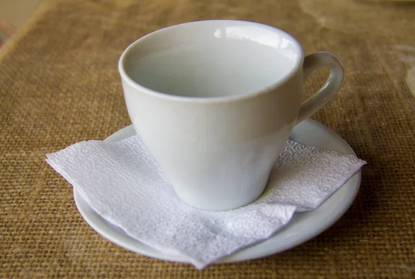 Empty White Cup Hot Herbal Tea Soucer White Napkin Table — Stock Photo, Image