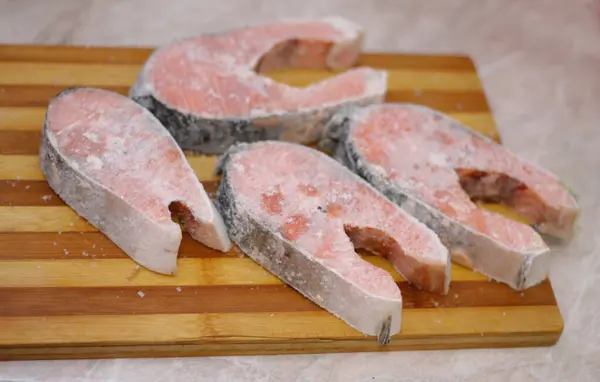 Frozen Salmon Raw Red Fish Steaks Cooking Desk Kitchen — Stock Photo, Image