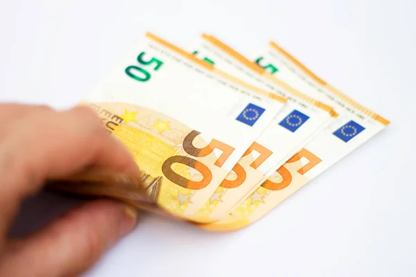 Man Hold Stack Fifty Euro Banknotes Laying Isolated White Background — Stock Photo, Image