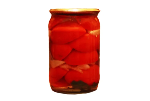 맛 있는 토마토 통조림 흰 backgro 절연 유리 항아리에 — 스톡 사진