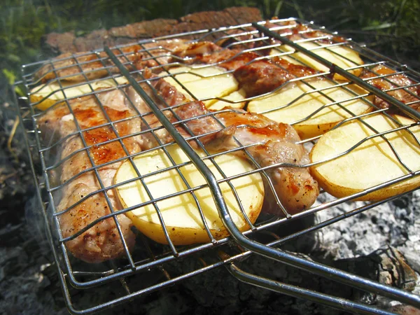 Churrasco frito na fogueira e carvão — Fotografia de Stock