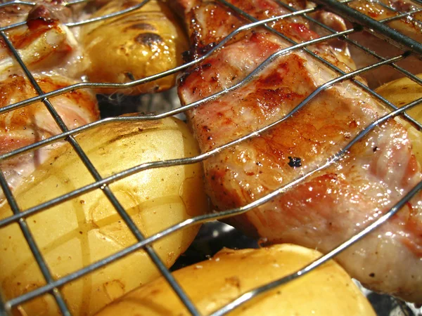 Churrasco frito na fogueira e carvão — Fotografia de Stock