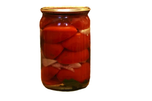 Läckra tomater konserverade i glasburk isolerat på den vita backgro — Stockfoto