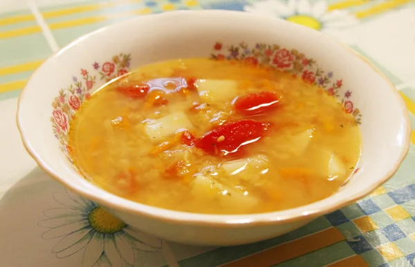 Ciotola con una zuppa fresca isolata sullo sfondo bianco — Foto Stock