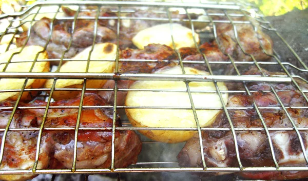 Churrasco frito na fogueira e carvão — Fotografia de Stock