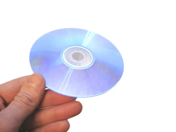 Mans mano tenuta compact disc sul dito isolato — Foto Stock