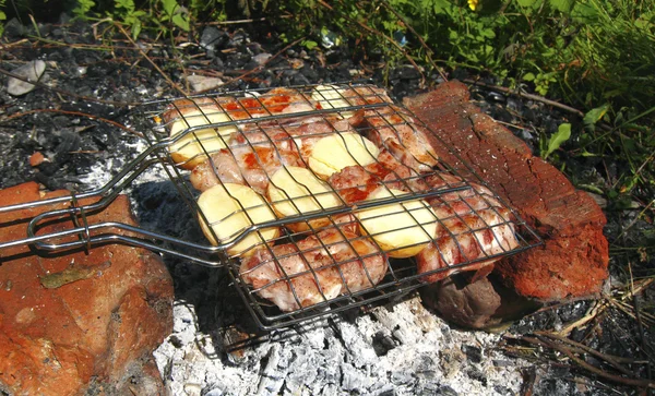 Grill am Lagerfeuer und Kohlen gebraten — Stockfoto