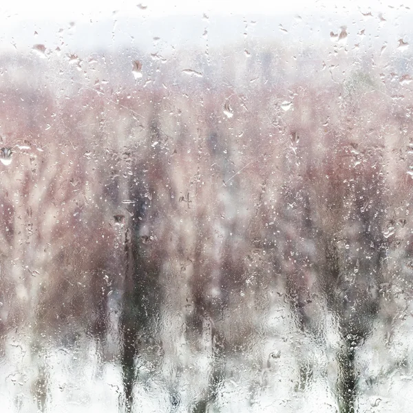 Acqua sulla finestra dallo scioglimento della neve durante la nevicata — Foto Stock