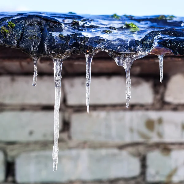 Eiszapfen auf Schuppendach mit Ziegelmauer — Stockfoto