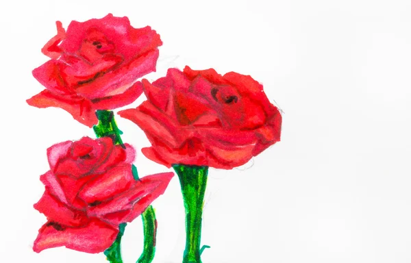 Drei rote Rosen auf grünen Stielen mit Filzstift bemalt — Stockfoto