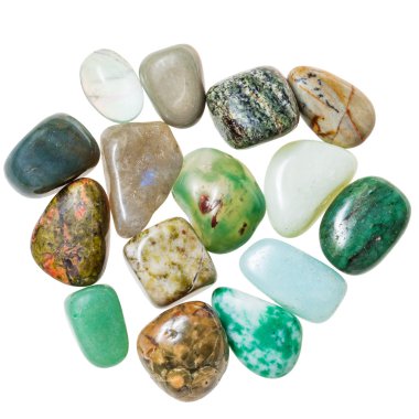 pile of green natural mineral gemstones isolated clipart