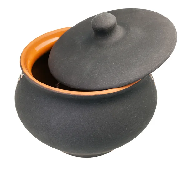 Pot en céramique avec couvercle légèrement ouvert isolé — Photo
