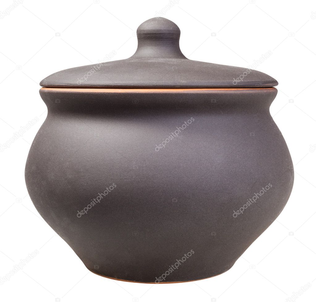 side view of closed ceramic pot isolated on white