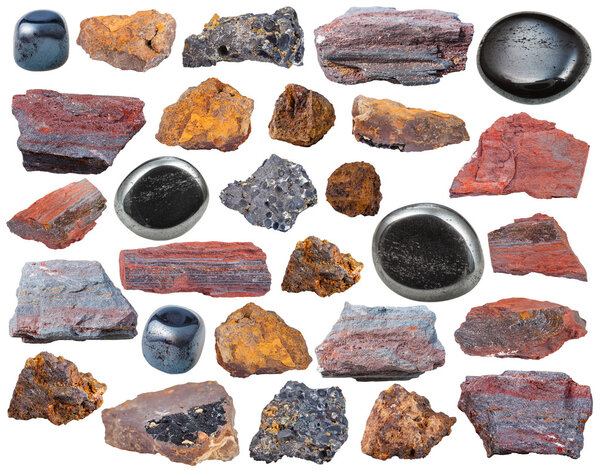 set of various Hematite mineral stones and rocks