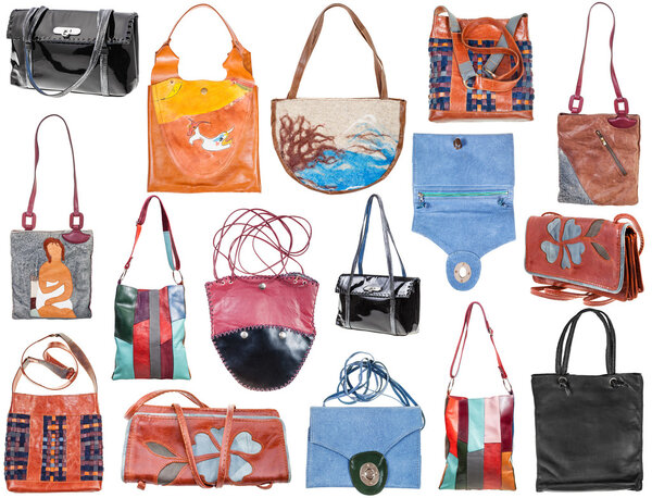 set of handmade female handbags isolated