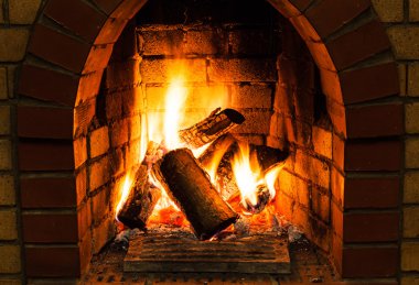burning wooden logs in fire-box of fireplace clipart