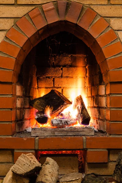 Poucos lenha e lenha queimando fogo na lareira — Fotografia de Stock