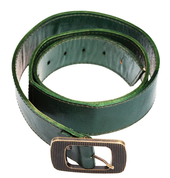 Wide green belt with brass buckle isolated — Stock fotografie