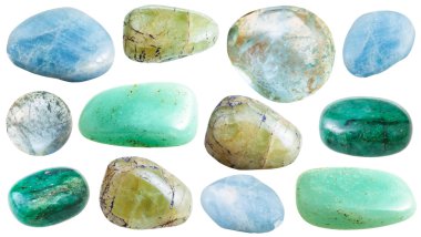 set of various beryl mineral stones and gemstones