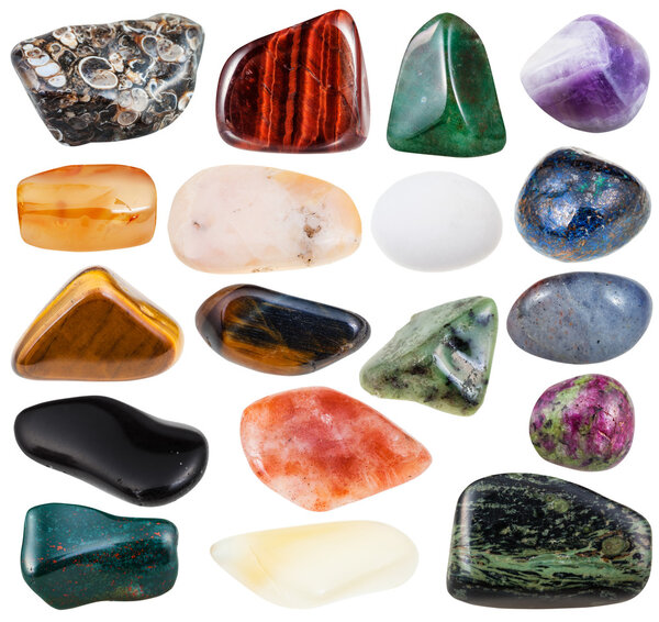 set of various polished natural mineral stones