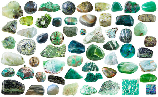 set of green mineral stones and gems isolated