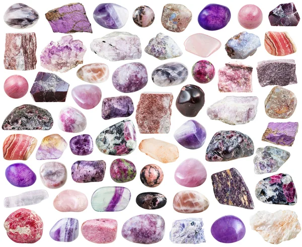 Uppsättning av lila mineral stenar och ädelstenar — Stockfoto