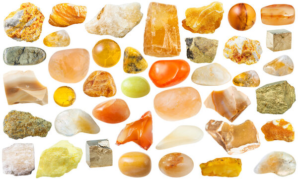 set of yellow mineral stones and gemstones