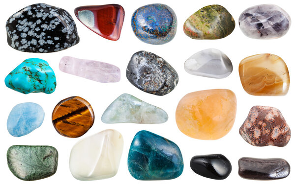 set of various tumbled mineral gemstones