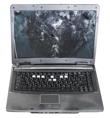 front view of old damaged laptop isolated clipart